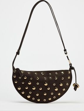 Zara Black Half-Moon Shoulder Bag with Gold Studs